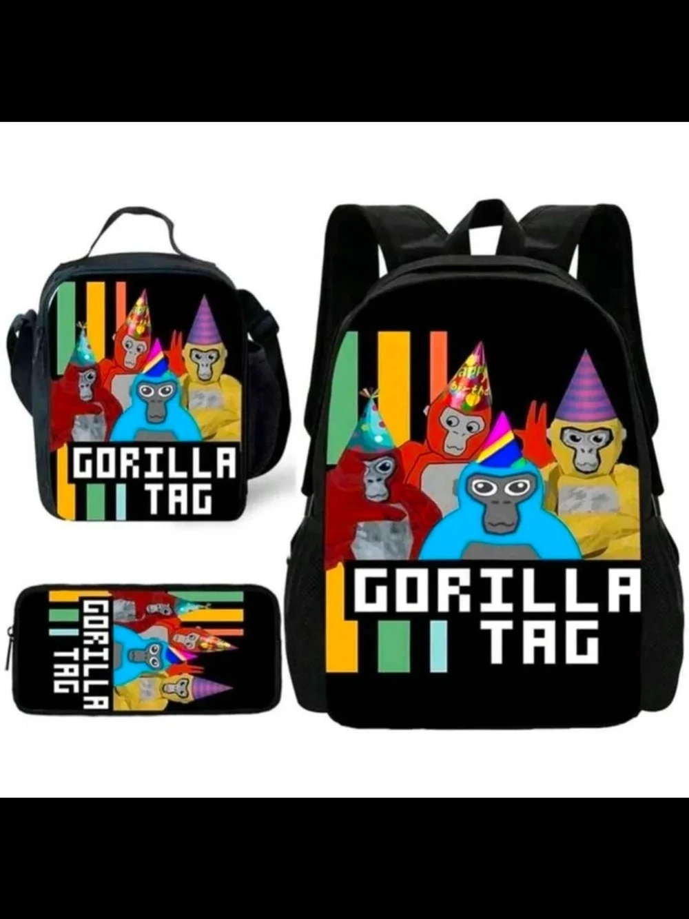 Gorilla Tag Kids Black Backpack Set with Colorful Party Gorillas